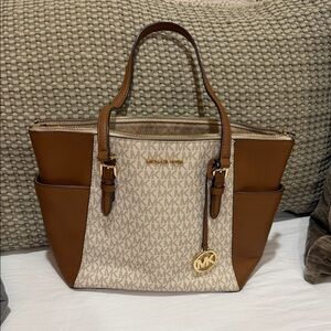 Michael Kors Vanilla & Brown Signature Tote with Gold Hardware